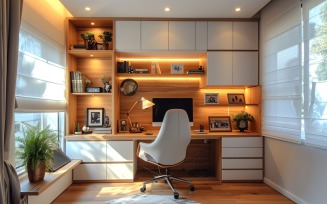 Home office room with Book closet & computer on the table 360