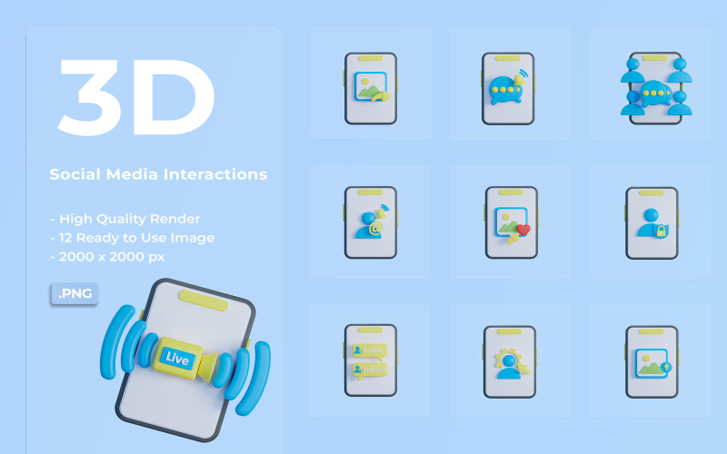 3D Social Media Interactions Icon Set