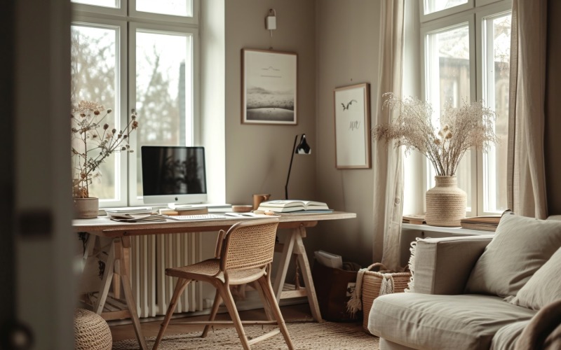 Home office room with Book closet & computer on the table 103 Illustration