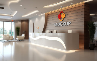 interior office reception counter logo mockup on wooden wall