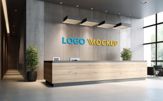 Logo mockup on wooden wall with reception counter