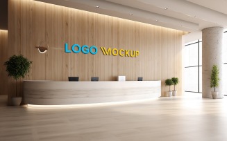 Reception wooden wall logo mockup