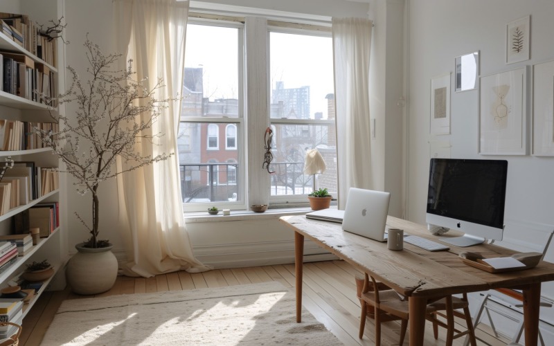 Home office room with chair & laptop Book on the table 497 Illustration