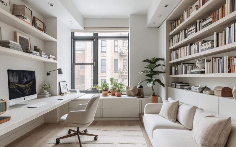 Home office room with chair & laptop Book on the table 498 Illustration