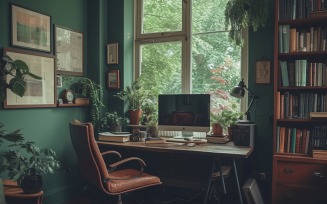 Home Office Room with computer & book on the table 504