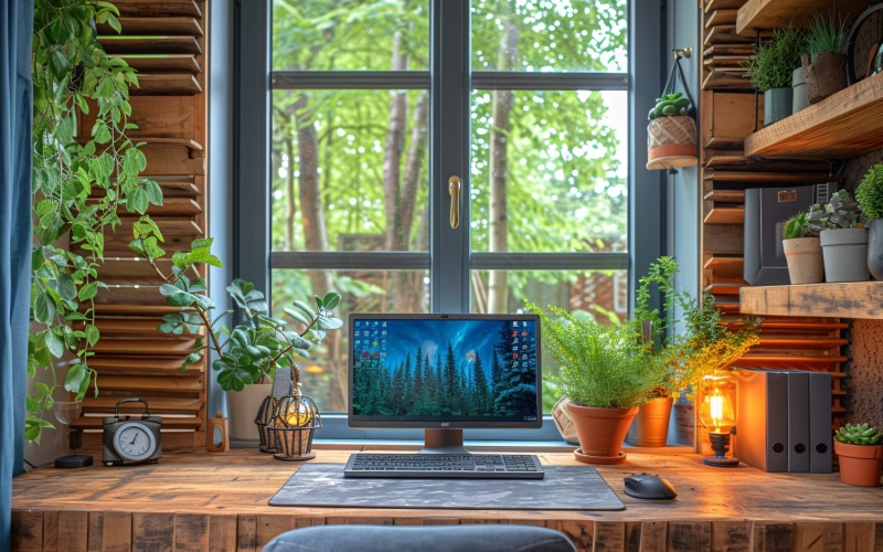 Home office room with vases on the wooden table 457 Illustration