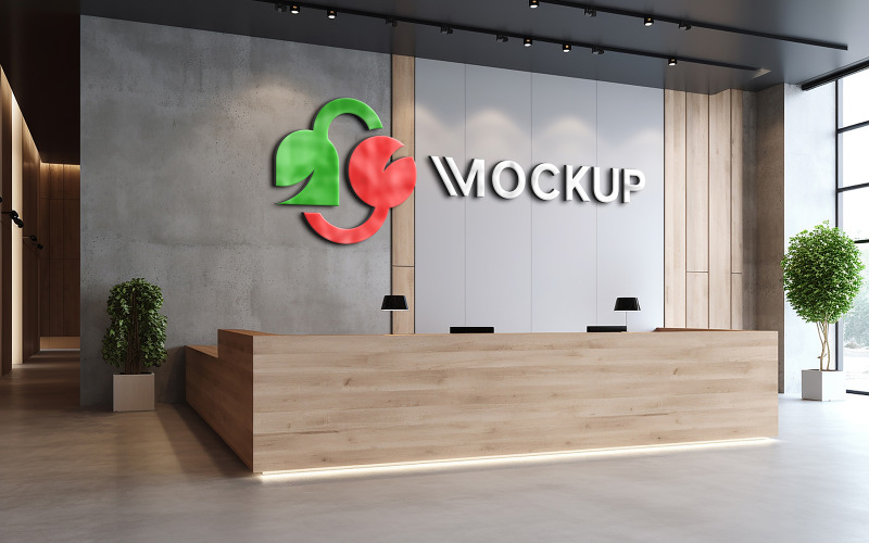 Hotel reception counter wall logo mock up psd Product Mockup