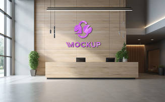 Wooden wall logo mockup with reception counter