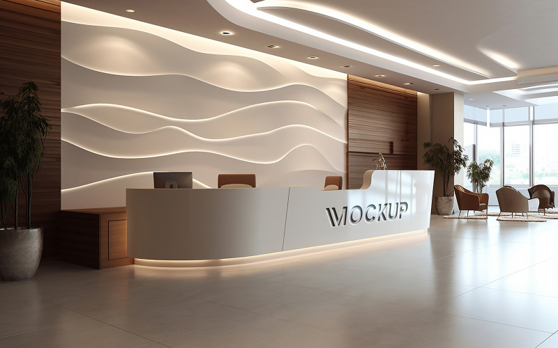 Hotel reception counter wall logo mock up design Product Mockup