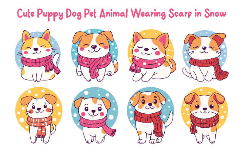 8 Cute Puppy Dog Wearing Scarf in Snow Illustration