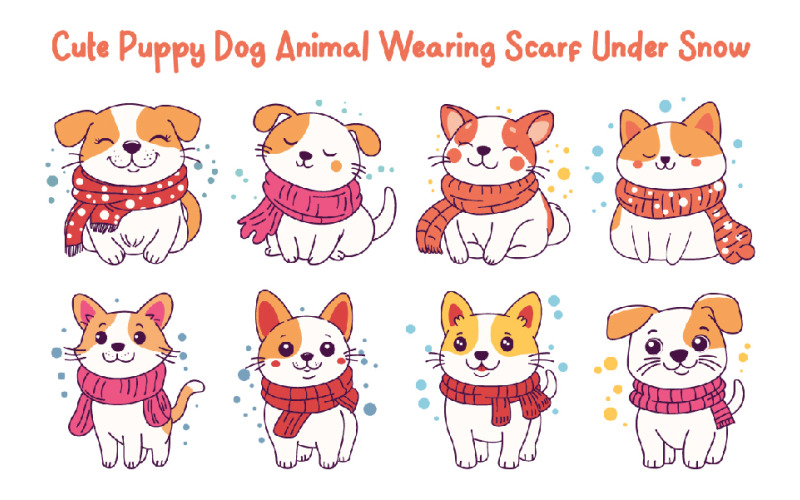 8 Cute Puppy Dog Wearing Scarf Under Snow Illustration