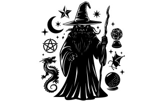 wizard silhouette art vector illustration with white background