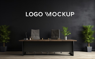 3d logo mockup on black wall in manager room