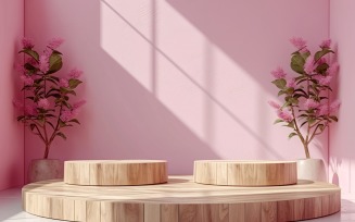 Podium for Product Presentation with Leafs Plants, Pink Wall 17