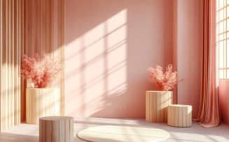 Podium for Product Presentation with Leafs Plants, Pink Wall 22