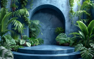 Podium for Product Presentation with Leaf Plants & Blue Wall 128