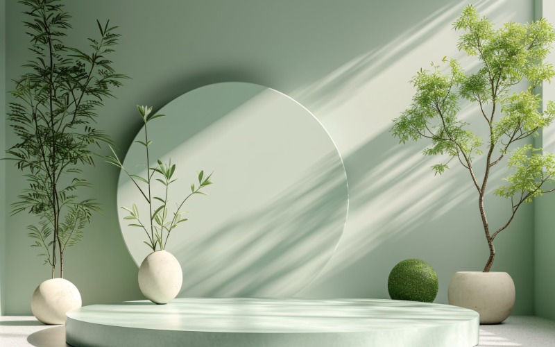 Podium for Product Presentation with Leaf Plants, green wall 107 Illustration