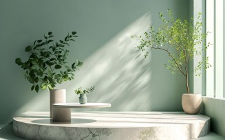 Podium for Product Presentation with Leaf Plants, green wall 71