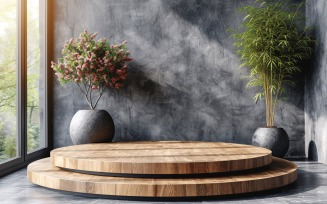 Wooden Podium for Product Presentation with Leafs Plants 110