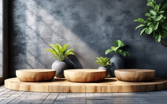 Wooden Podium for Product Presentation with Leafs Plants 112