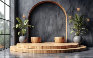 Wooden Podium for Product Presentation with Leafs Plants 11