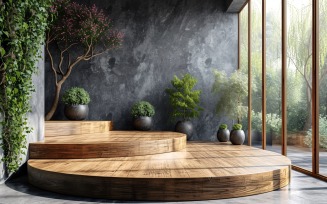 Wooden Podium for Product Presentation with Leafs Plants 1200