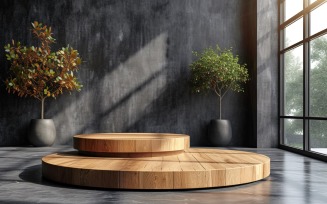 Wooden Podium for Product Presentation with Leafs Plants 123