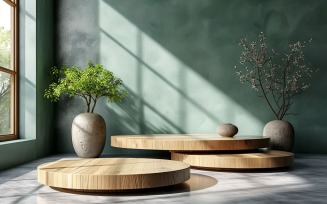 Podium for Product Presentation with Leaf Plants, green wall 194