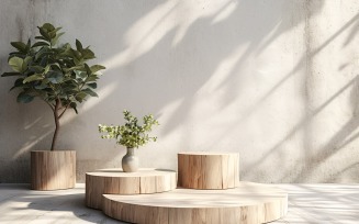 Wooden Podium for Product Presentation with Leafs Plants 204