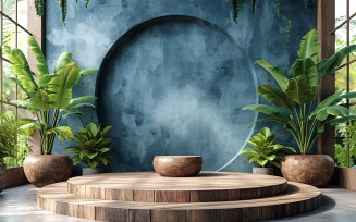 Podium for Product Presentation with Leaf Plants & Blue Wall 283