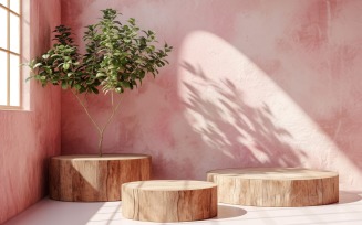 Podium for Product Presentation with Leafs Plants, Pink Wall 269