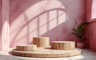 Podium for Product Presentation with Leafs Plants, Pink Wall 270