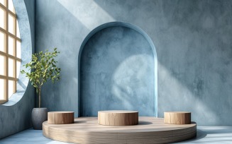 Wooden Podium for Product Presentation with Blue Wall 287