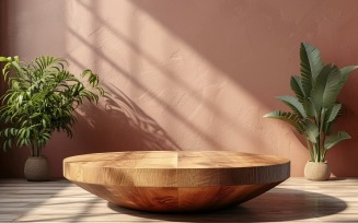 Wooden Podium for Product Presentation with Leafs Plants 225