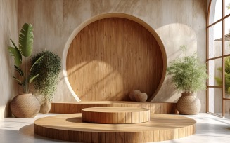 Wooden Podium for Product Presentation with Leafs Plants 227