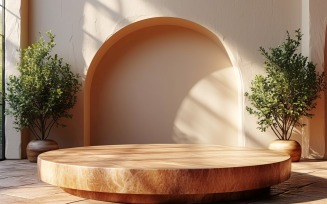 Wooden Podium for Product Presentation with Leafs Plants 230