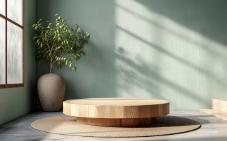 Wooden Podium for Product Presentation with Leafs Plants 241