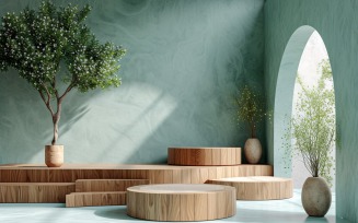 Wooden Podium for Product Presentation with Leafs Plants 265