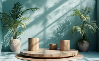 Wooden Podium for Product Presentation with Leafs Plants 266