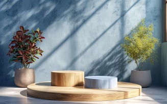 Wooden Podium for Product Presentation with Leafs Plants 286