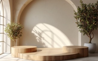 Wooden Podium for Product Presentation with Leafs Plants 300