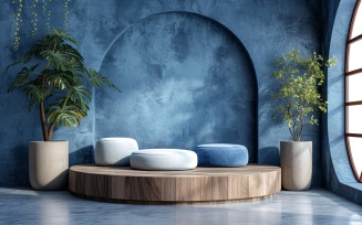 Podium for Product Presentation with Leaf Plants & Blue Wall 355