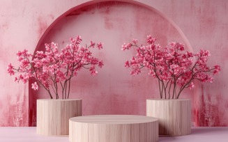 Podium for Product Presentation with Leafs Plants, Pink Wall 304