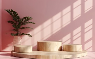 Podium for Product Presentation with Leafs Plants, Pink Wall 306