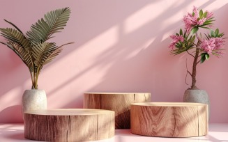 Podium for Product Presentation with Leafs Plants, Pink Wall 308