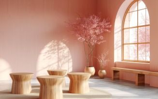 Podium for Product Presentation with Leafs Plants, Pink Wall 310