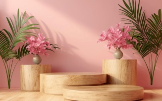 Podium for Product Presentation with Leafs Plants, Pink Wall 311