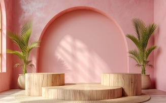 Podium for Product Presentation with Leafs Plants, Pink Wall 333