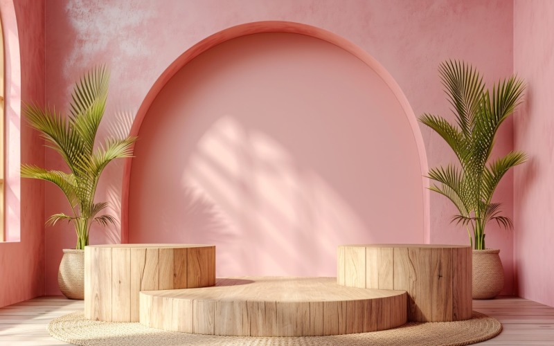 Podium for Product Presentation with Leafs Plants, Pink Wall 333 Illustration