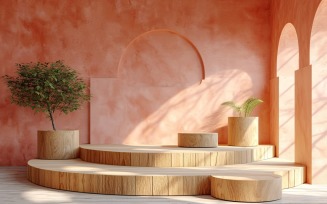 Podium for Product Presentation with Leafs Plants, Pink Wall 334